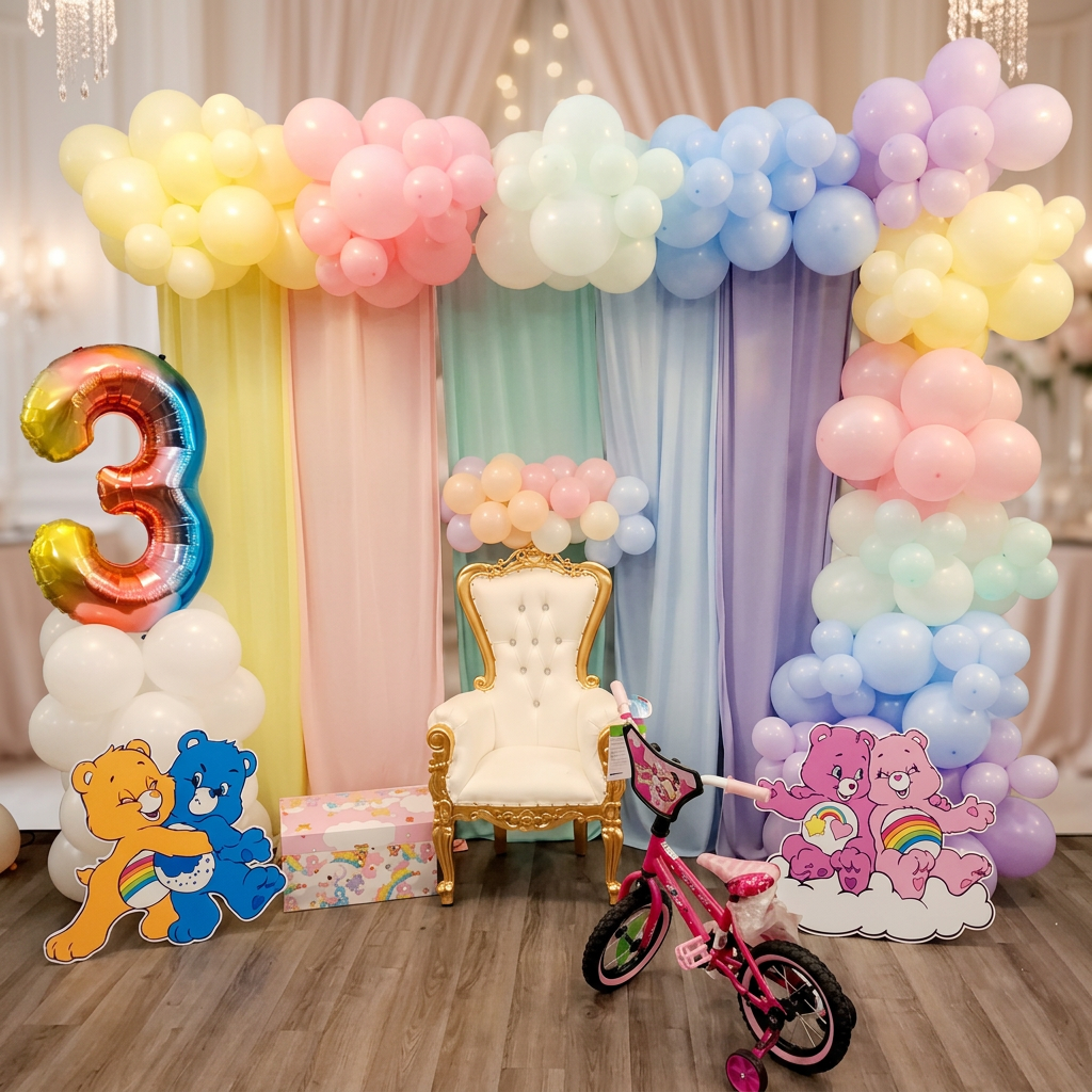 Pastel rainbow Care Bears themed birthday balloon arch